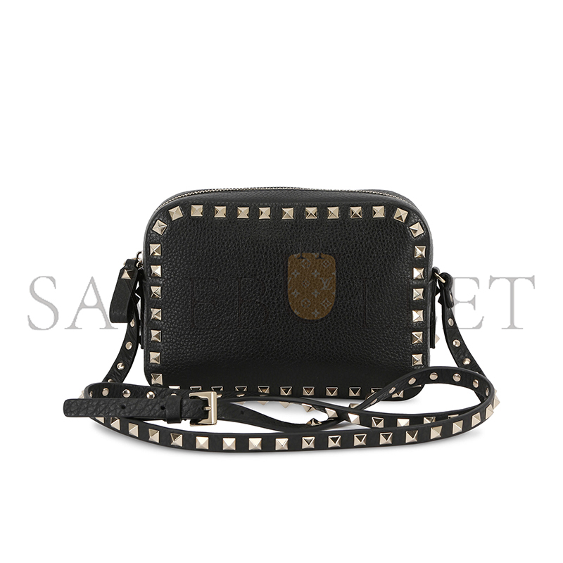 Va1e*ntin0 garavani pebbled calfskin rockstud camera crossbody bag black 168173 (18*13*8cm)